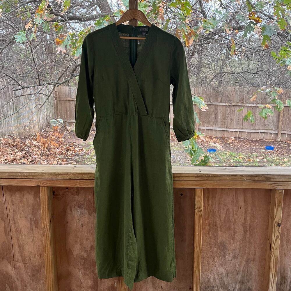 Point Sur Women's Olive Green 100% Linen Wide Leg Jumpsuit Size PS